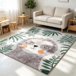 Cute Sloth Kids Hand‑Tufted Wool Rug, Tropical Leaf Nursery Area Rug